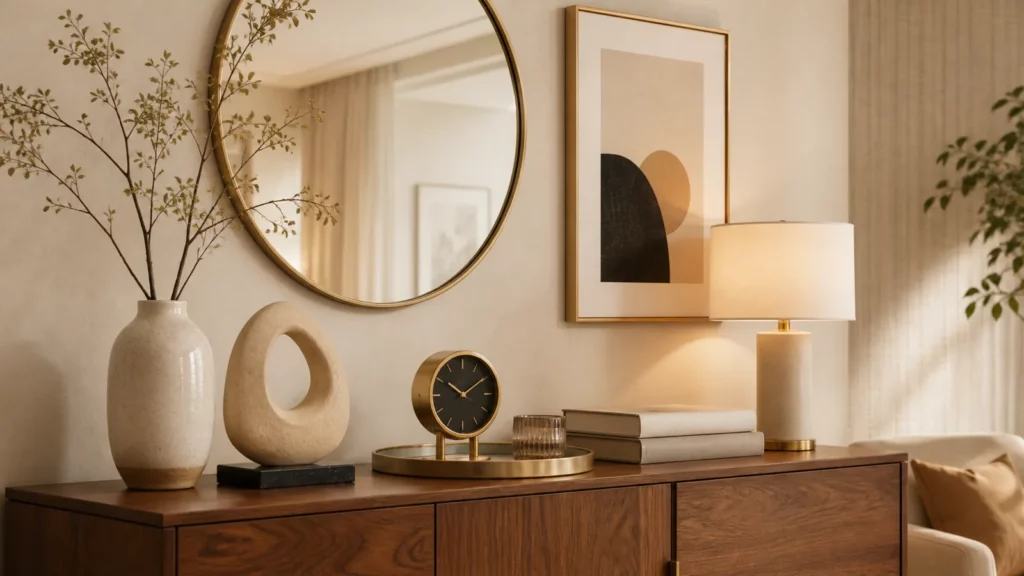 Các loại đồ decor phổ biến gồm tượng, bình hoa, gương, tranh, đồng hồ và đèn trang trí