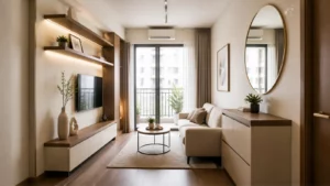 Phòng khách nhỏ bố trí gương, kệ dọc và đồ decor đúng tỷ lệ