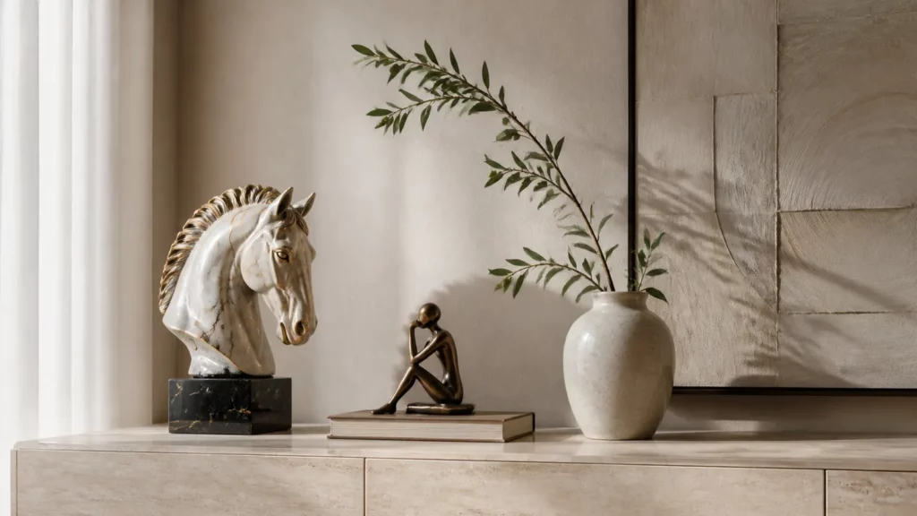 Đồ decor cao cấp gồm tượng ngựa, tượng nghệ thuật và bình gốm trên bàn console