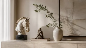 Đồ decor cao cấp gồm tượng ngựa, tượng nghệ thuật và bình gốm trên bàn console