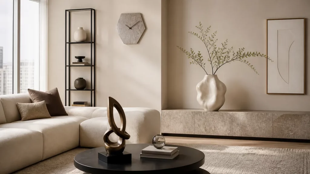 Đồ decor hiện đại gồm tượng nghệ thuật, bình gốm và đồng hồ trong phòng khách màu trung tính