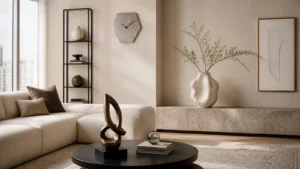 Đồ decor hiện đại gồm tượng nghệ thuật, bình gốm và đồng hồ trong phòng khách màu trung tính
