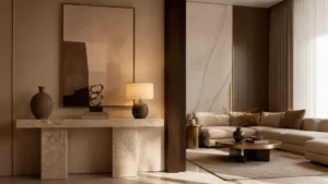 Không gian phòng khách phối đồ decor luxury tông kem và vàng champagne