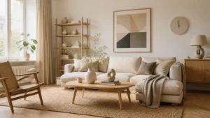 Phòng khách phối đồ decor phong cách Bắc Âu tông be và gỗ sáng