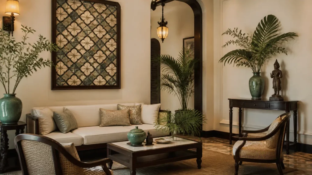 Phòng khách phối đồ decor phong cách Indochine với gỗ, mây và gốm men ngọc