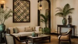 Phòng khách phối đồ decor phong cách Indochine với gỗ, mây và gốm men ngọc