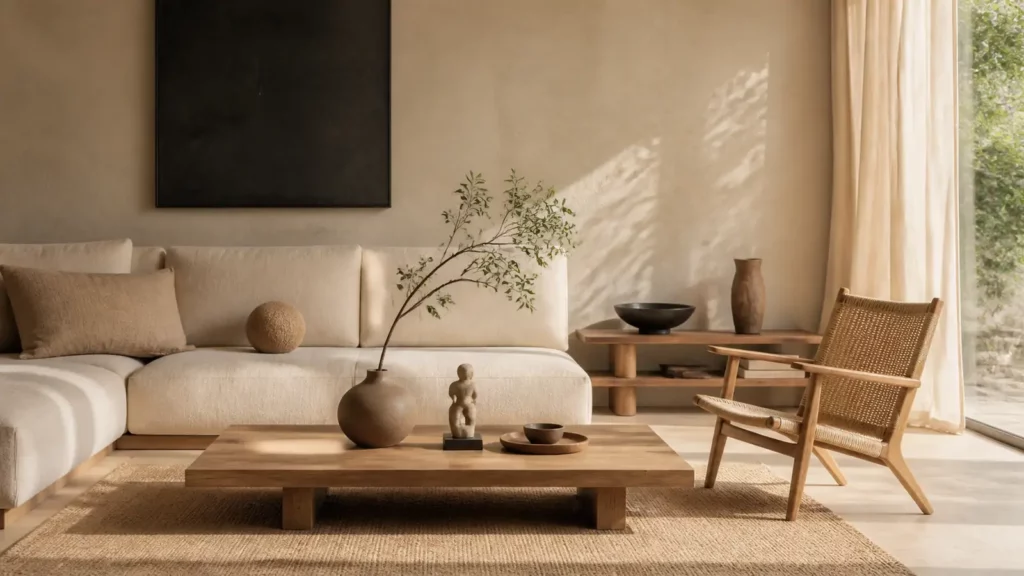 Phòng khách phối đồ decor phong cách Japandi tông be và gỗ tự nhiên