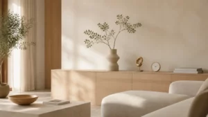 Đồ decor tối giản phối trong phòng khách tông be và gỗ sáng