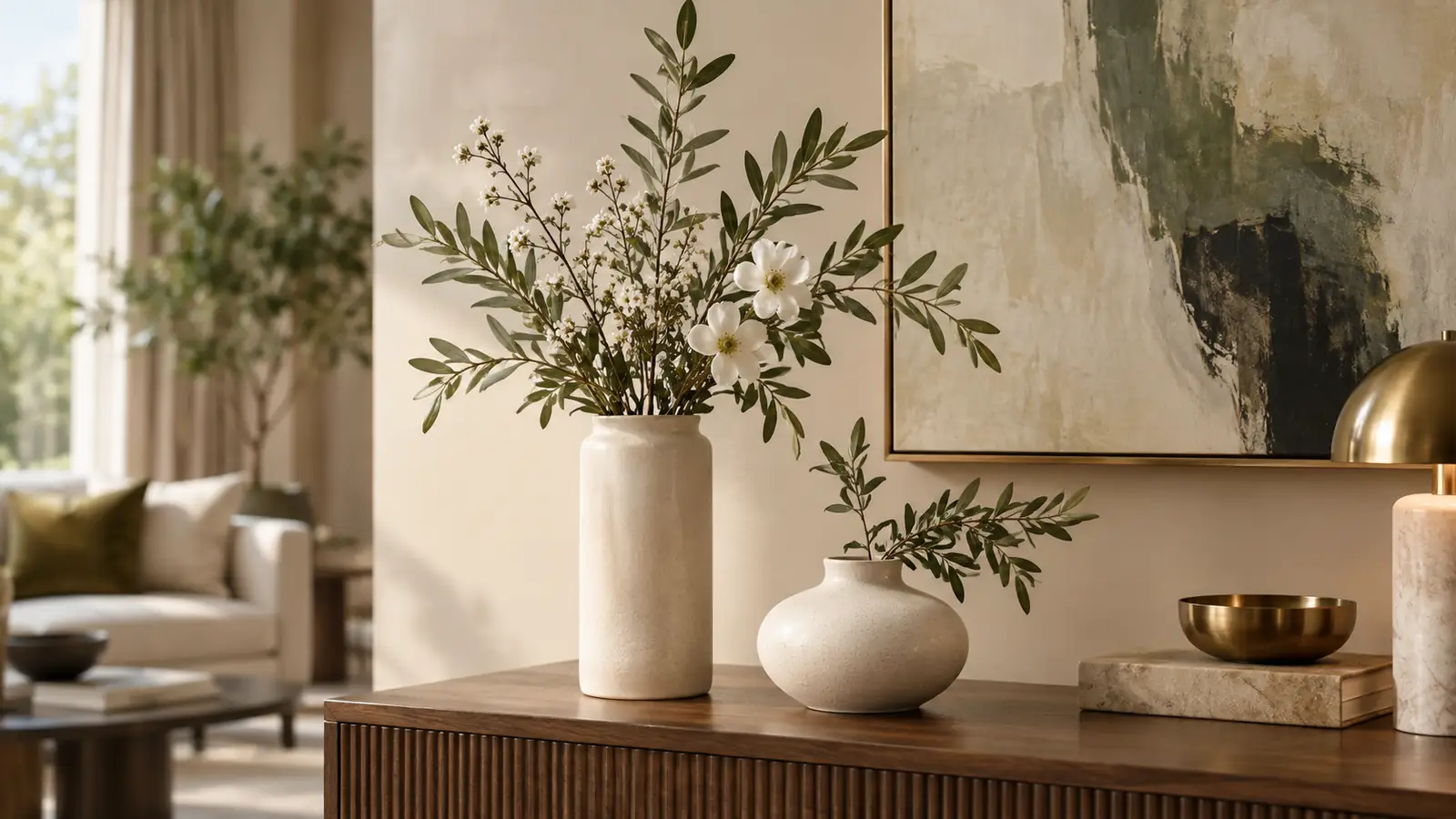 Bình hoa để bàn phối cùng các món decor khác