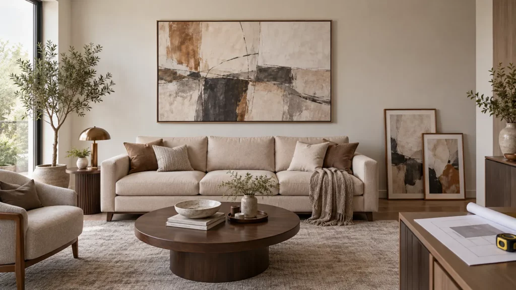 Cách chọn tranh treo tường cân đối với sofa và kích thước phòng
