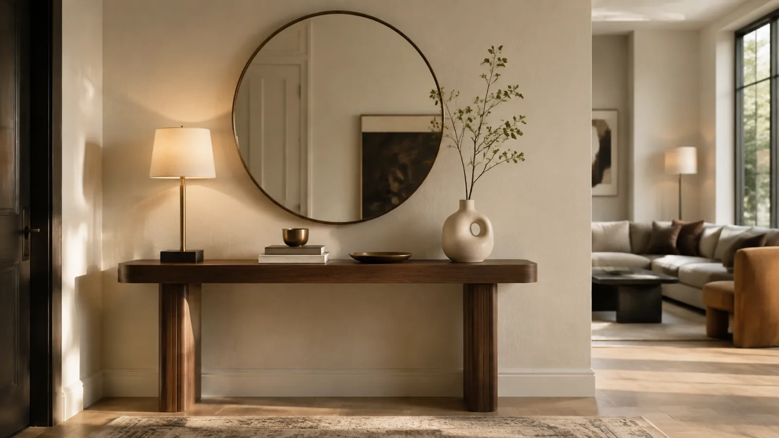 Bàn console gỗ phối gương tròn, đèn bàn, bình và sách theo tam giác thị giác