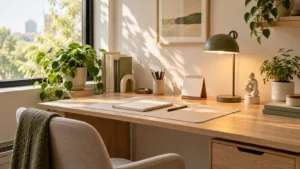 Bàn học gỗ sáng decor gọn với đèn, sách và cây xanh