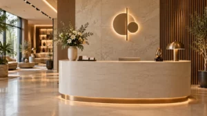 Quầy lễ tân hiện đại decor với bình hoa và tượng nghệ thuật