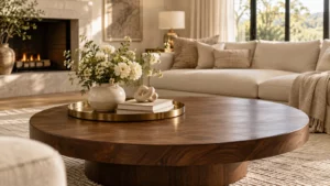 Decor bàn trà đẹp với khay sách hoa và tượng nhỏ