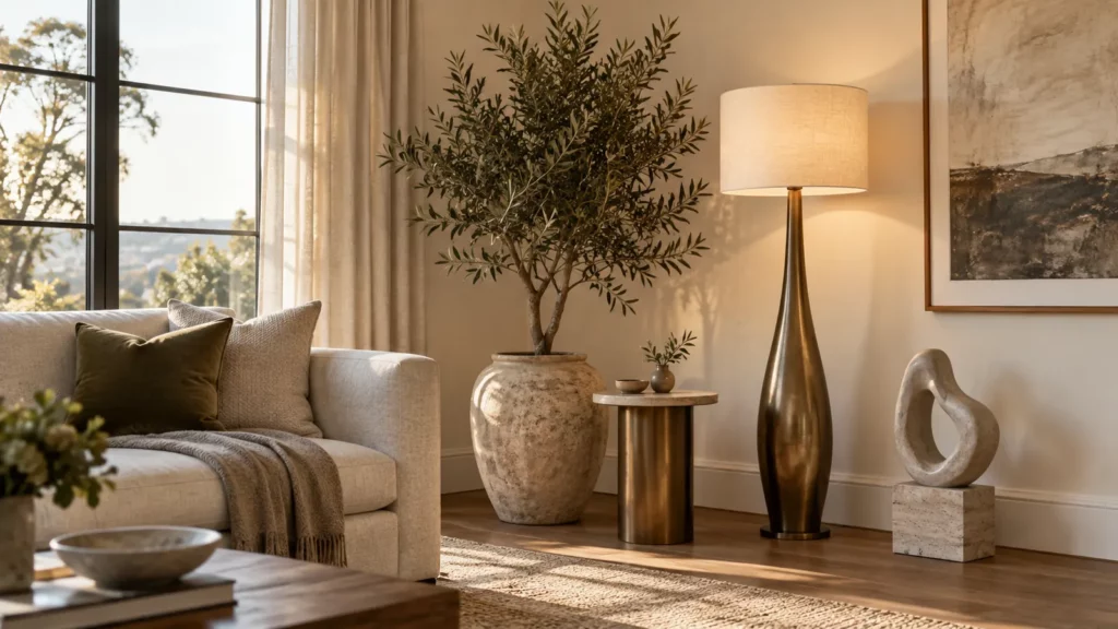 Decor góc phòng khách trống bằng đèn cây tượng và bàn phụ
