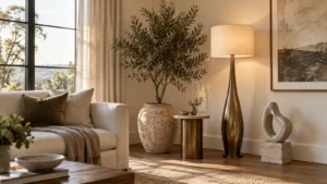 Decor góc phòng khách trống bằng đèn cây tượng và bàn phụ