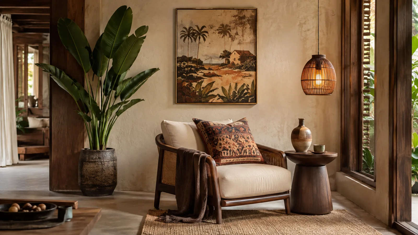 Góc decor homestay ấm áp có ghế mây, tranh và đèn thả