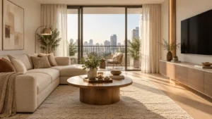 Decor phòng khách chung cư hiện đại với sofa bàn trà và vách TV