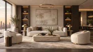 Decor phòng khách luxury với vật liệu cao cấp và ánh sáng ấm