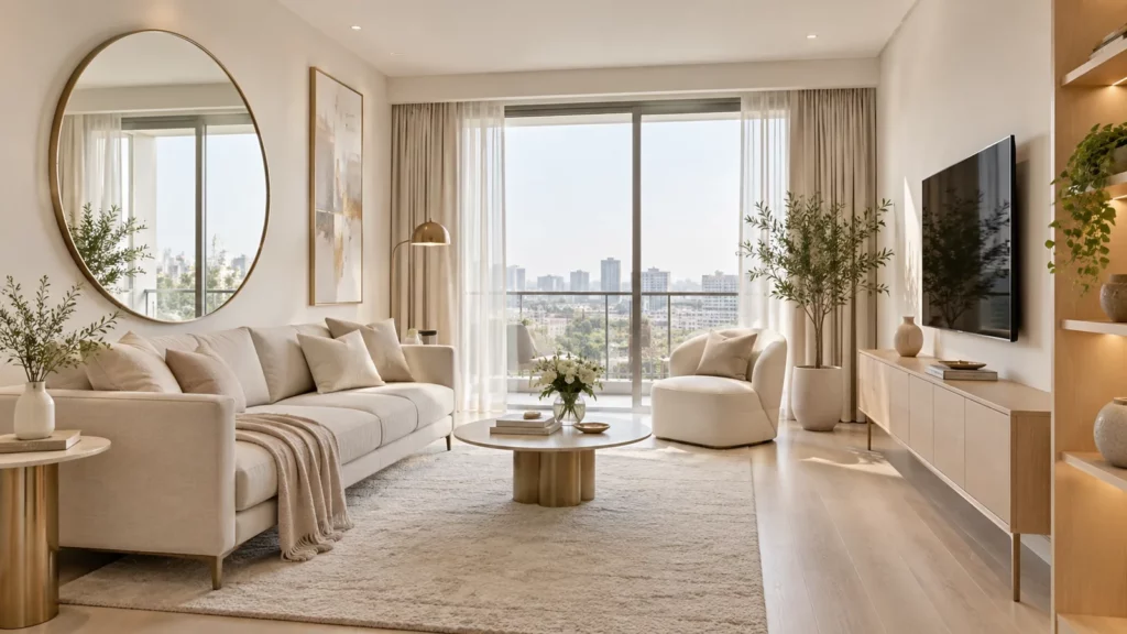 Decor phòng khách nhỏ rộng và thoáng với gương và nội thất chân thanh