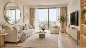 Decor phòng khách nhỏ rộng và thoáng với gương và nội thất chân thanh