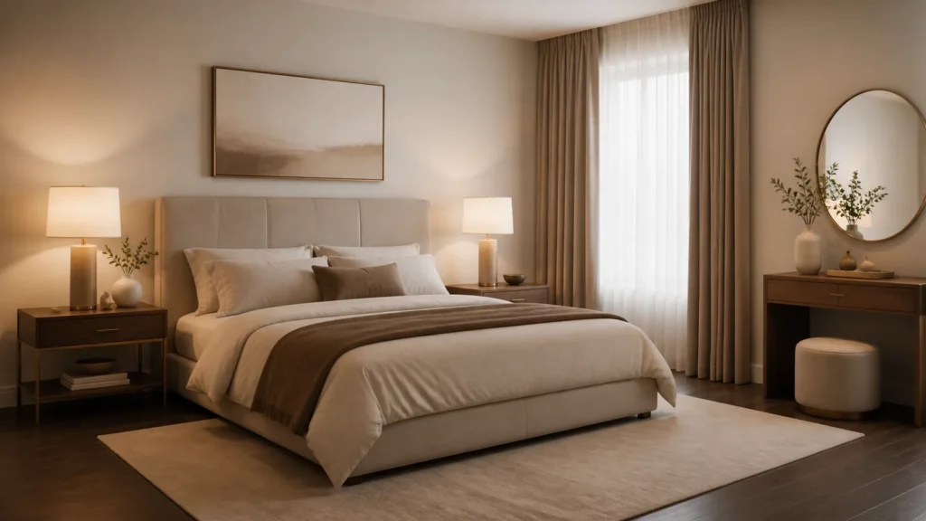 Phòng ngủ decor tông ấm với tranh, bình gốm, gương và ánh sáng dịu