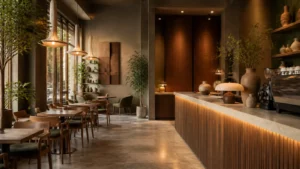 Quán cafe đẹp với quầy sáng, tường nghệ thuật và lối đi thông thoáng