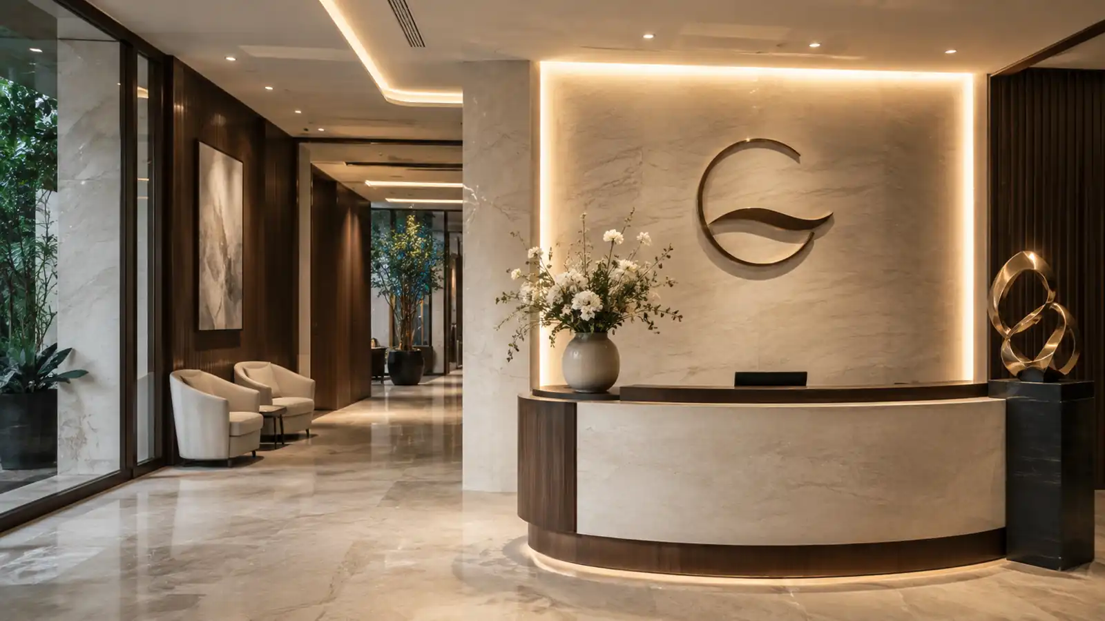 Quầy lễ tân hiện đại có logo, hoa và ánh sáng hắt tường