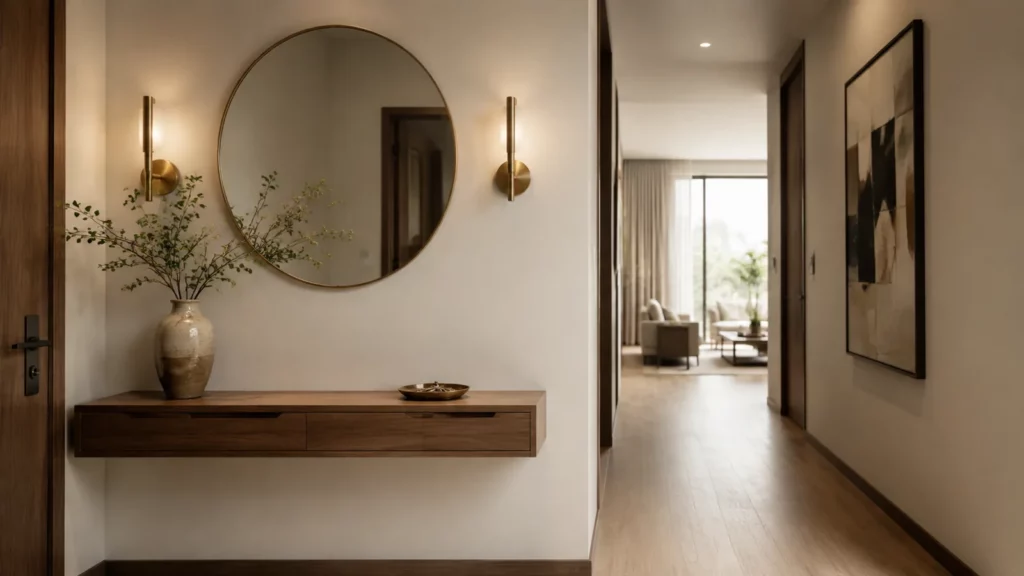 Sảnh nhà với bàn console nông, gương tròn và lối hành lang thông thoáng