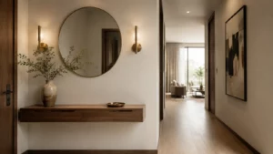 Sảnh nhà với bàn console nông, gương tròn và lối hành lang thông thoáng