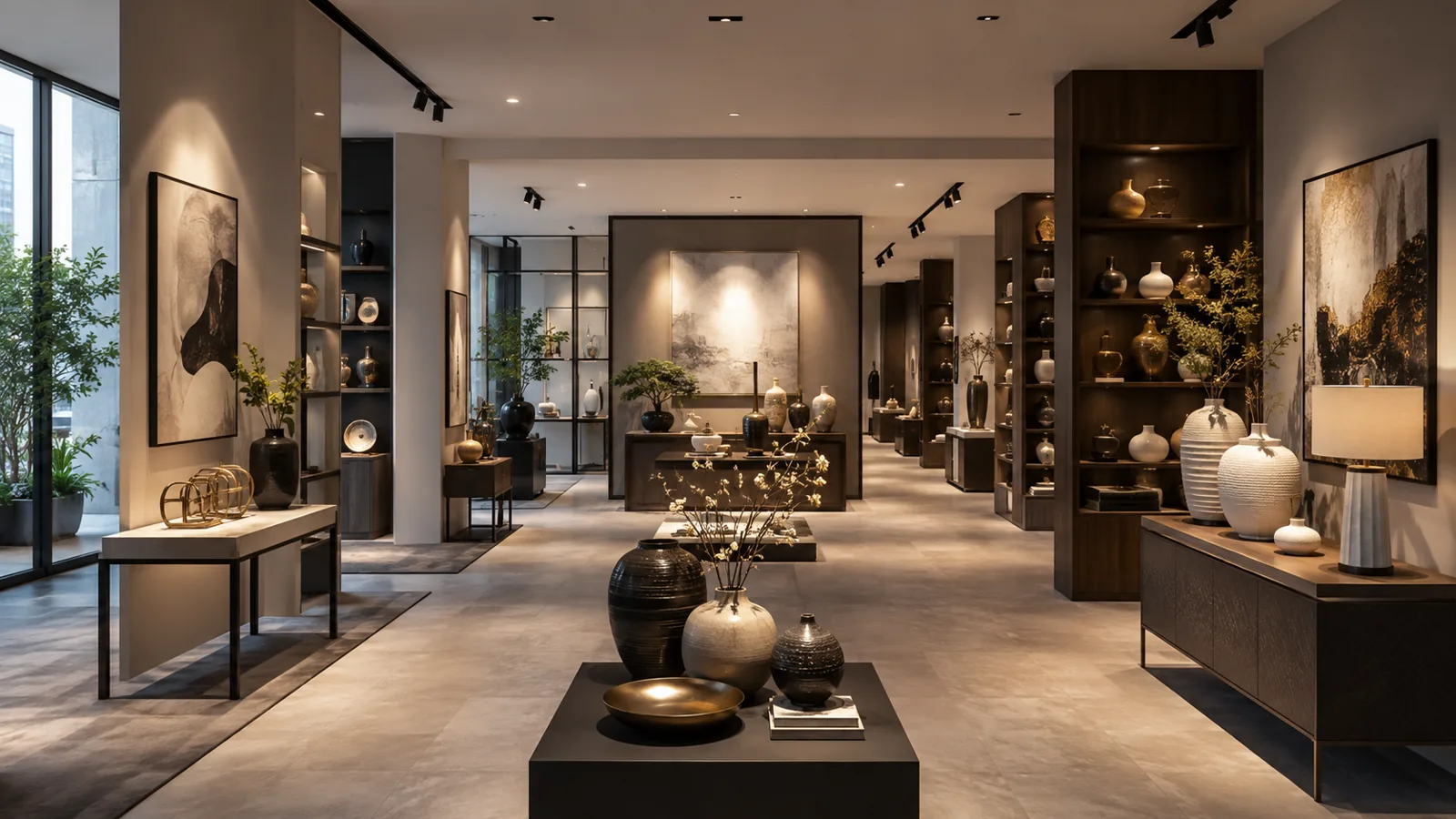 Showroom decor hiện đại có phân khu và ánh sáng điểm nhấn