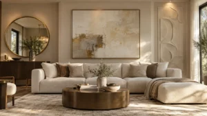 Decor tường sau sofa bằng tranh gương và phù điêu