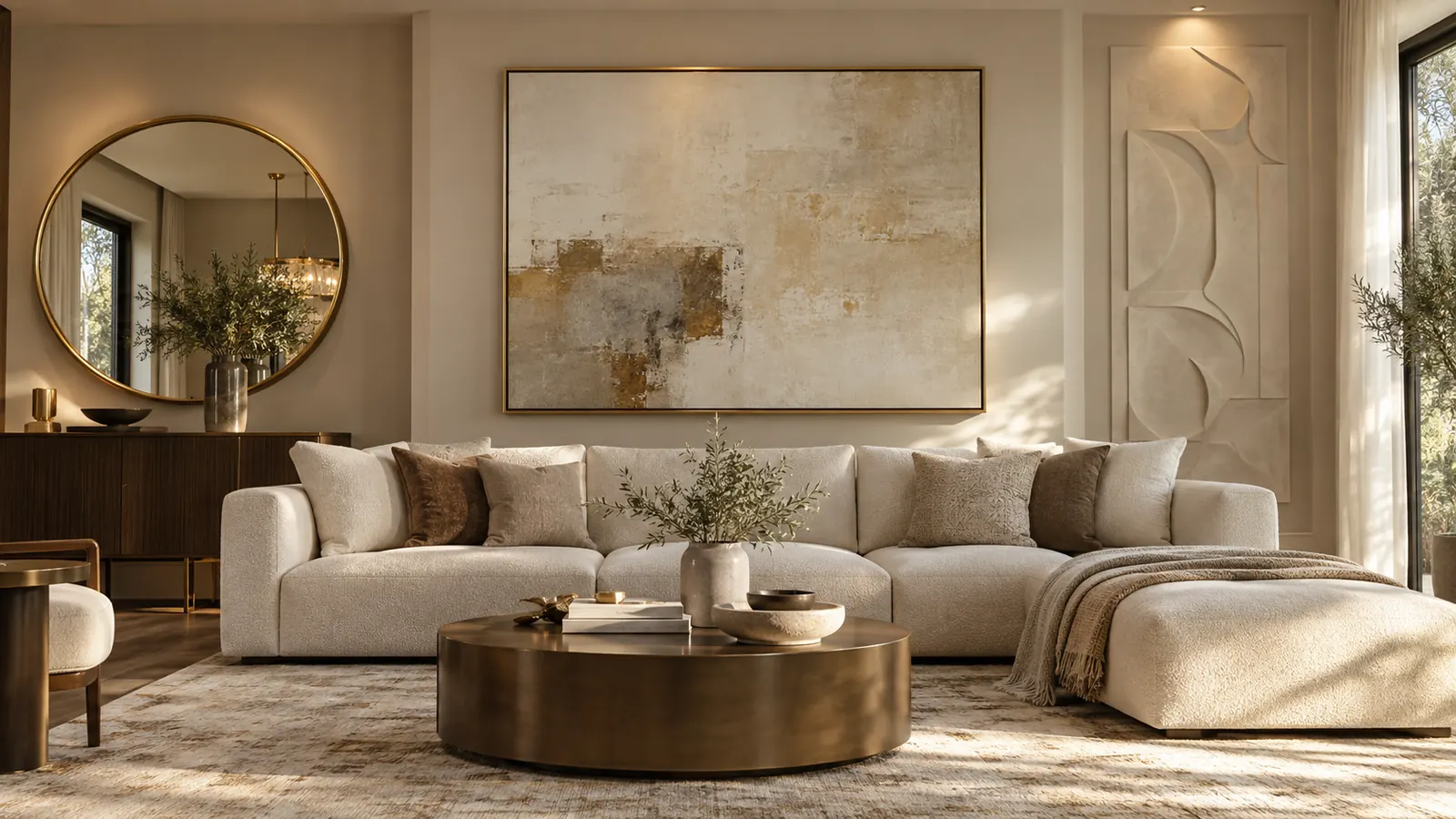 Decor tường sau sofa bằng tranh gương và phù điêu