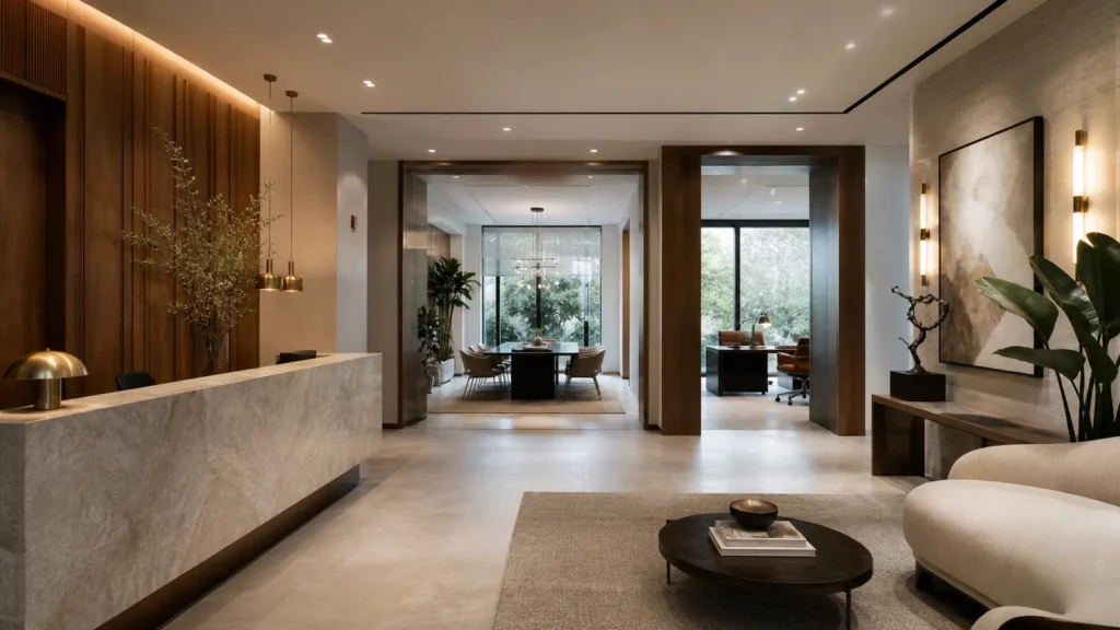 Văn phòng chuyên nghiệp với sảnh, phòng họp và đồ decor đồng bộ