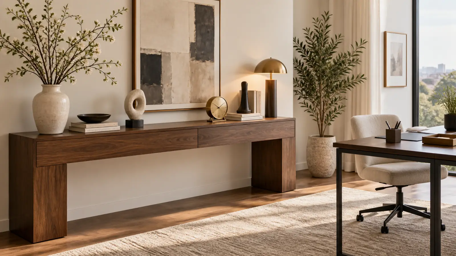 Đồ decor để bàn gồm bình hoa tượng đồng hồ sách và đèn
