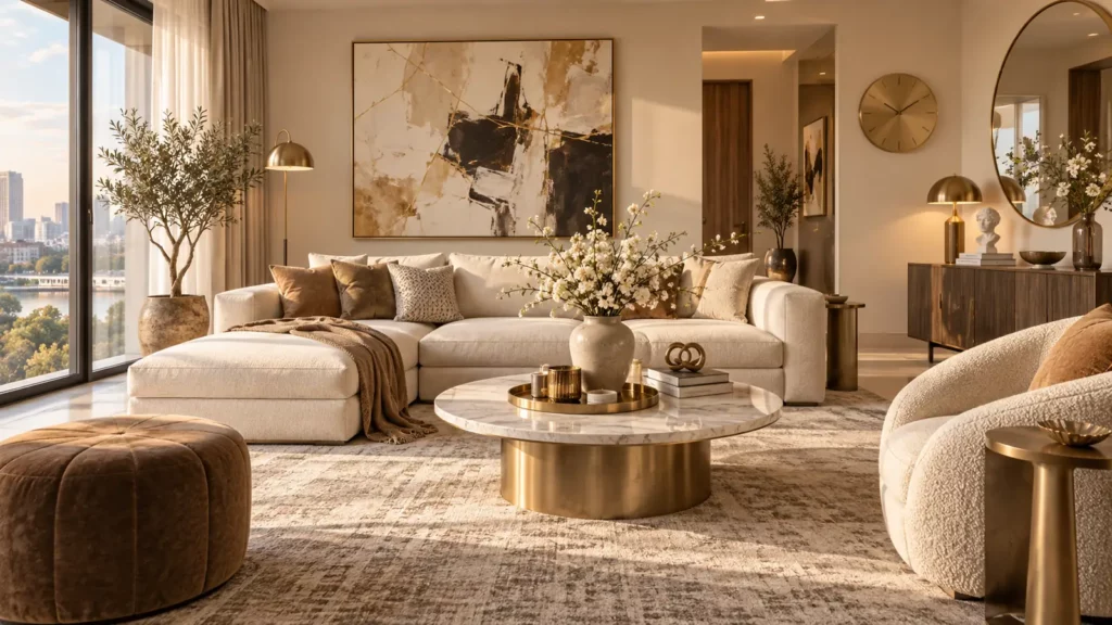 Đồ decor phòng khách gồm tranh tượng bình hoa đồng hồ gương và khay
