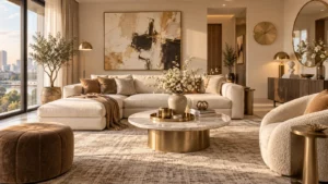 Đồ decor phòng khách gồm tranh tượng bình hoa đồng hồ gương và khay