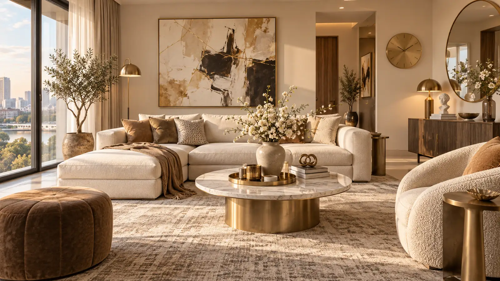 Đồ decor phòng khách gồm tranh tượng bình hoa đồng hồ gương và khay