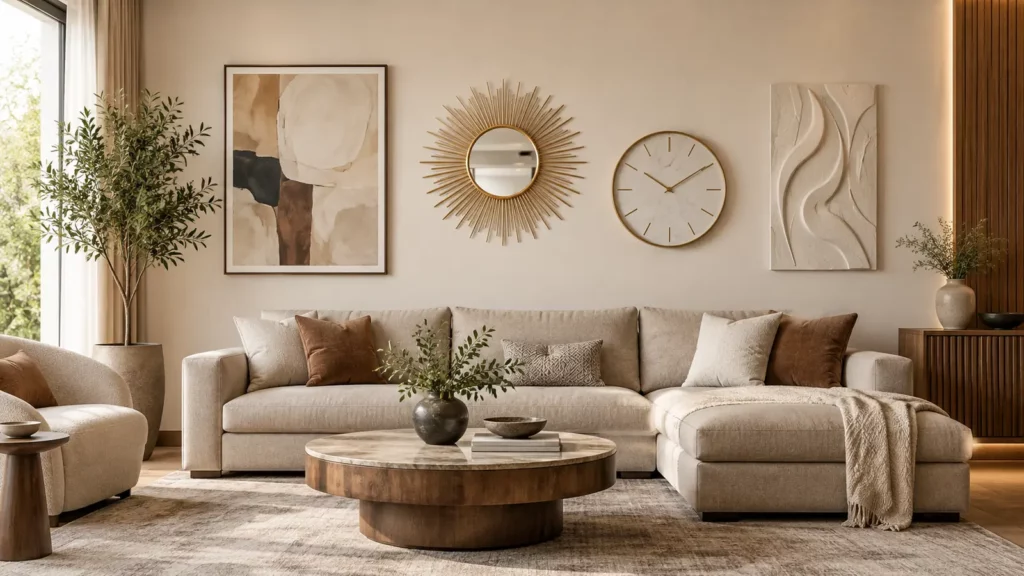 Đồ decor treo tường gồm tranh, gương, đồng hồ và phù điêu