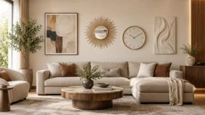 Đồ decor treo tường gồm tranh, gương, đồng hồ và phù điêu