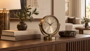 Đồng hồ để bàn decor màu đồng trên bàn console