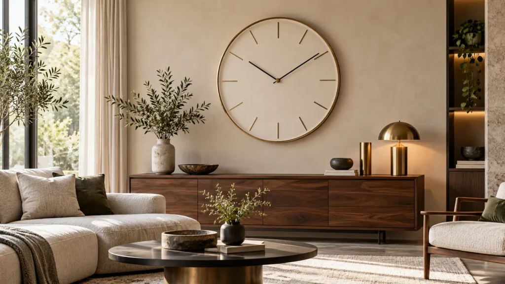 Đồng hồ treo tường decor cân đối trên tủ console phòng khách