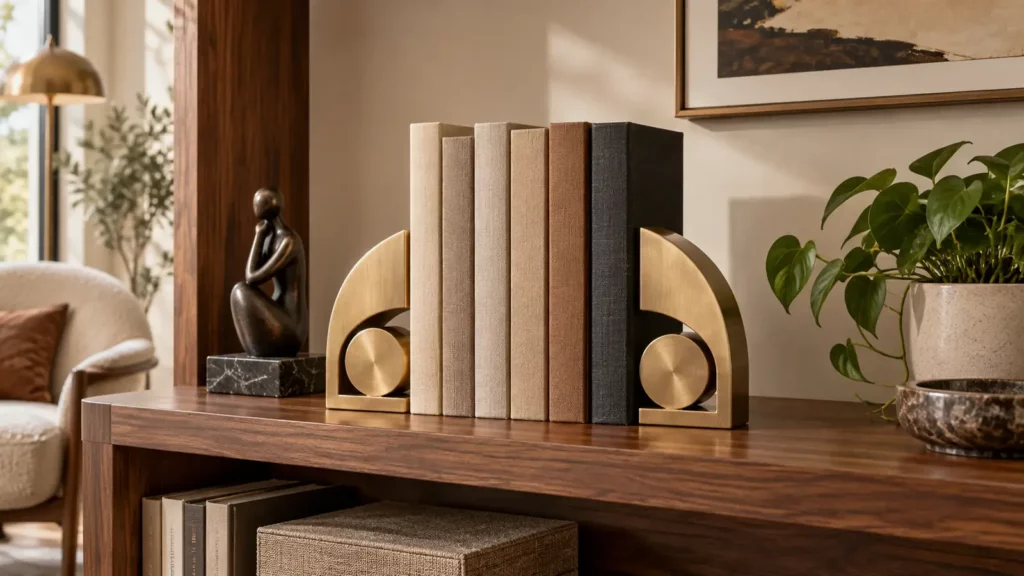 Giá đỡ sách decor kim loại màu đồng trên kệ gỗ