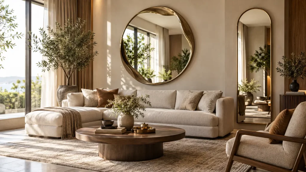 Gương decor treo tường tròn và vòm trong phòng khách hiện đại