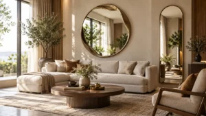 Gương decor treo tường tròn và vòm trong phòng khách hiện đại