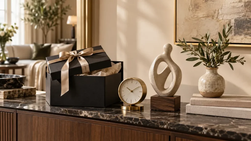 Hộp quà decor để bàn với đồng hồ, tượng và bình gốm