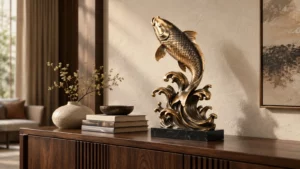 Tượng cá chép phong thủy vượt sóng màu đồng trên tủ console