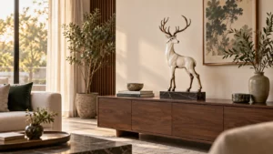 Tượng hươu phong thủy màu đồng trên tủ console phòng khách