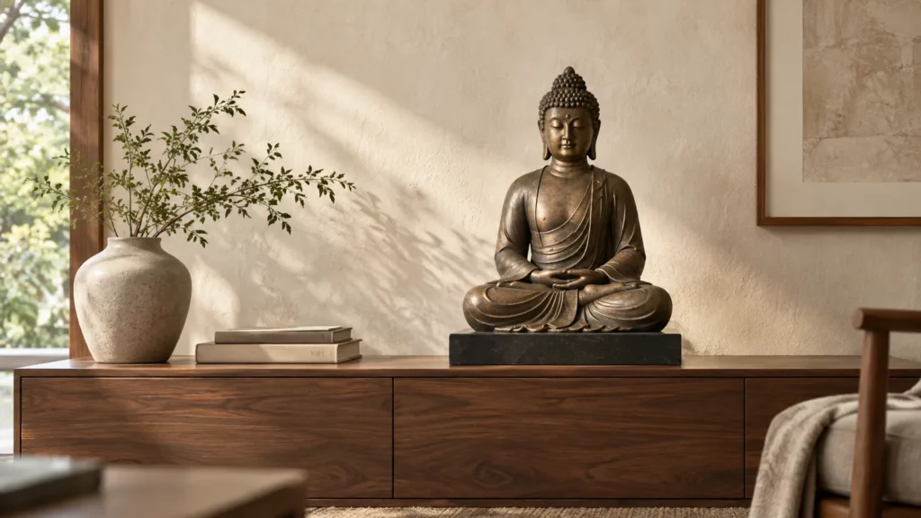 Tượng Phật decor đặt trang nghiêm trên tủ gỗ trong phòng yên tĩnh