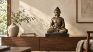 Tượng Phật decor đặt trang nghiêm trên tủ gỗ trong phòng yên tĩnh